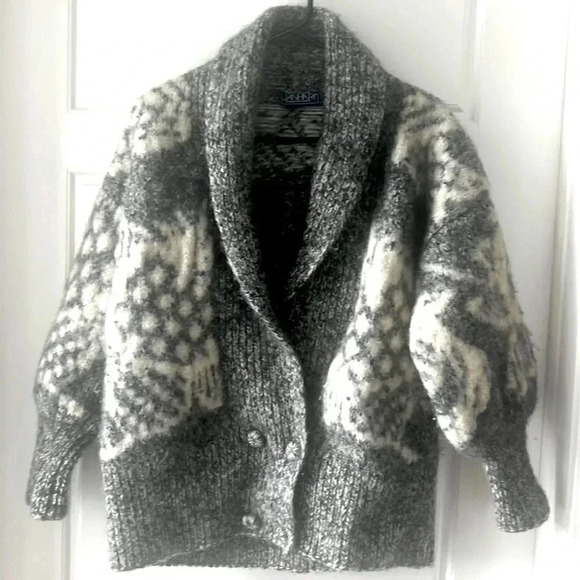 JAHARI 100% GREY WHITE WINTER  COLLAR WOOL HAND KNITTED SIZE S/M DOUBLE BREAST - Picture 7 of 15